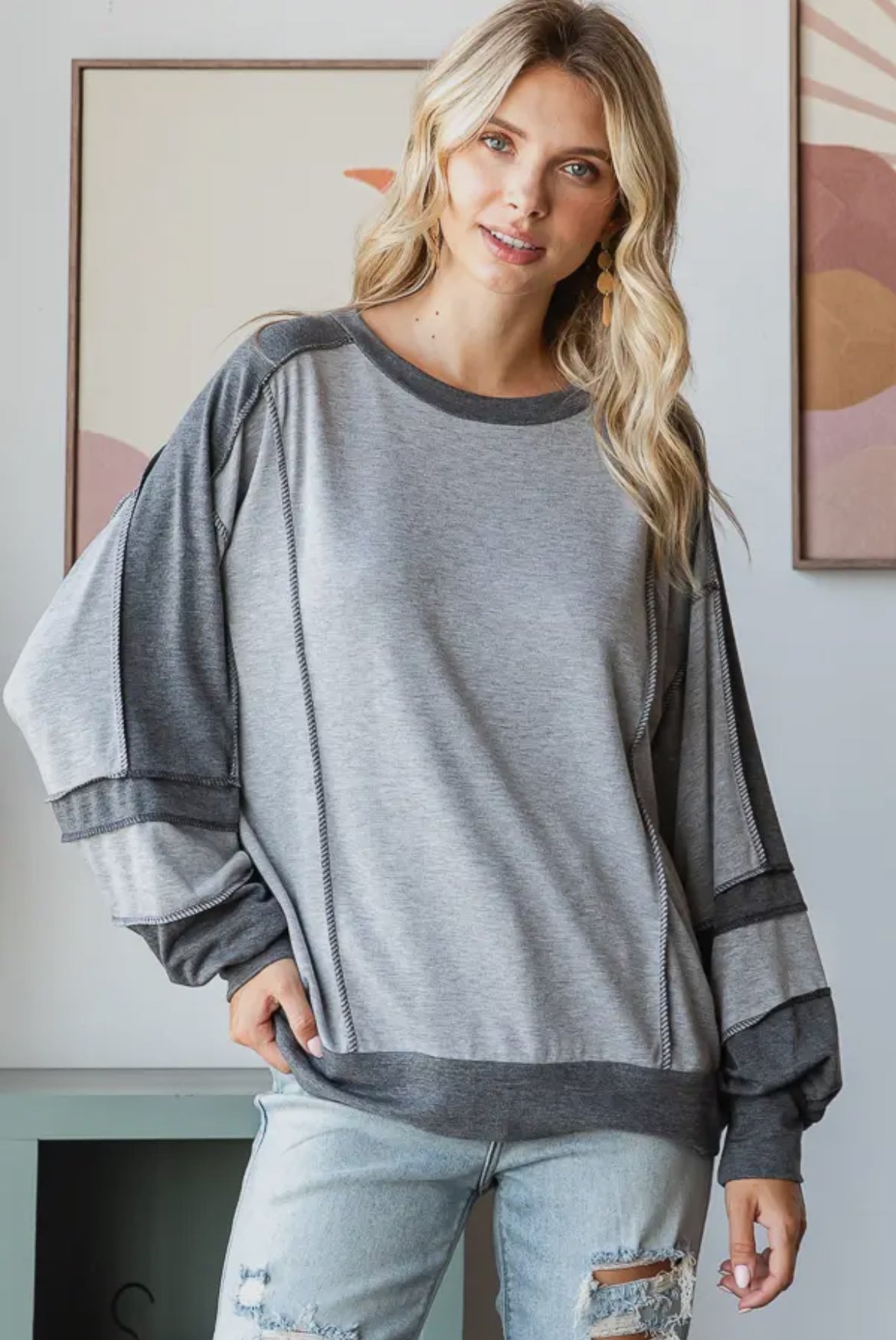 Grey + Plaid Colorblock Long Sleeve Top