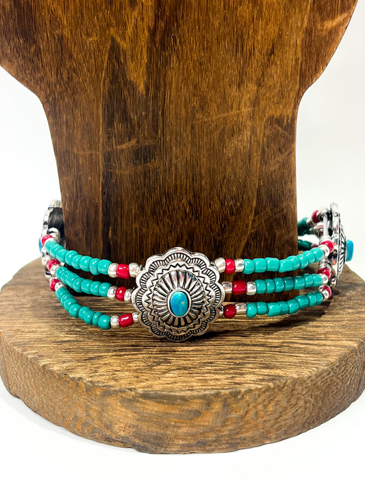 Turquoise + Red Beaded Concho Bracelet