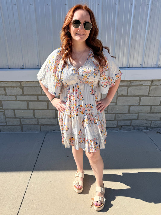 LARGE Powder Blue Floral Smocked Half Sleeve Dress