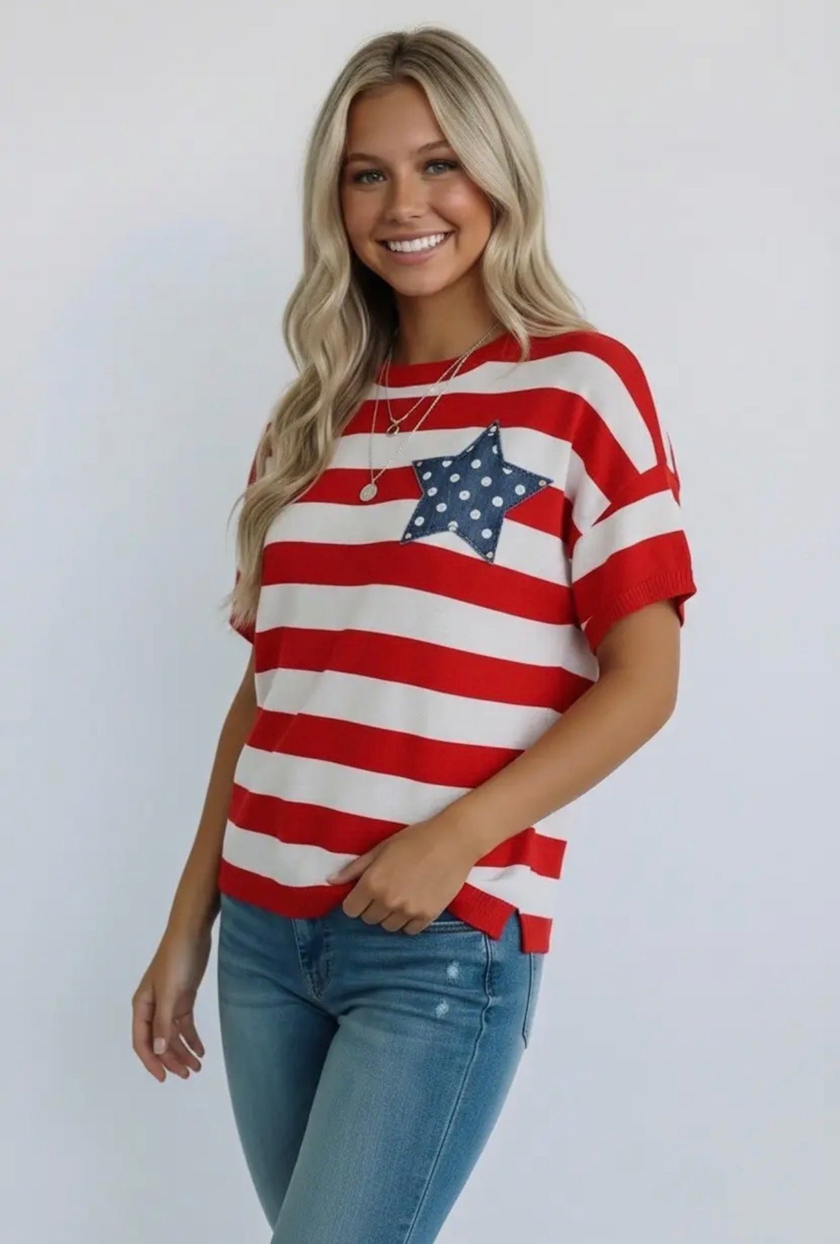 Red Stripe + Star Patch Top