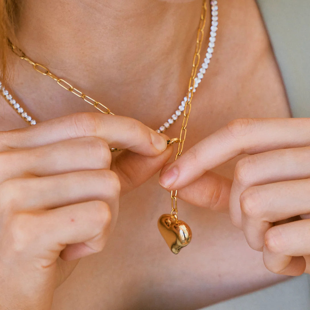 Gold Bubble Heart Paperclip Chain Necklace