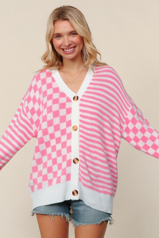 Pink Checkered + Stripes Button Cardigan