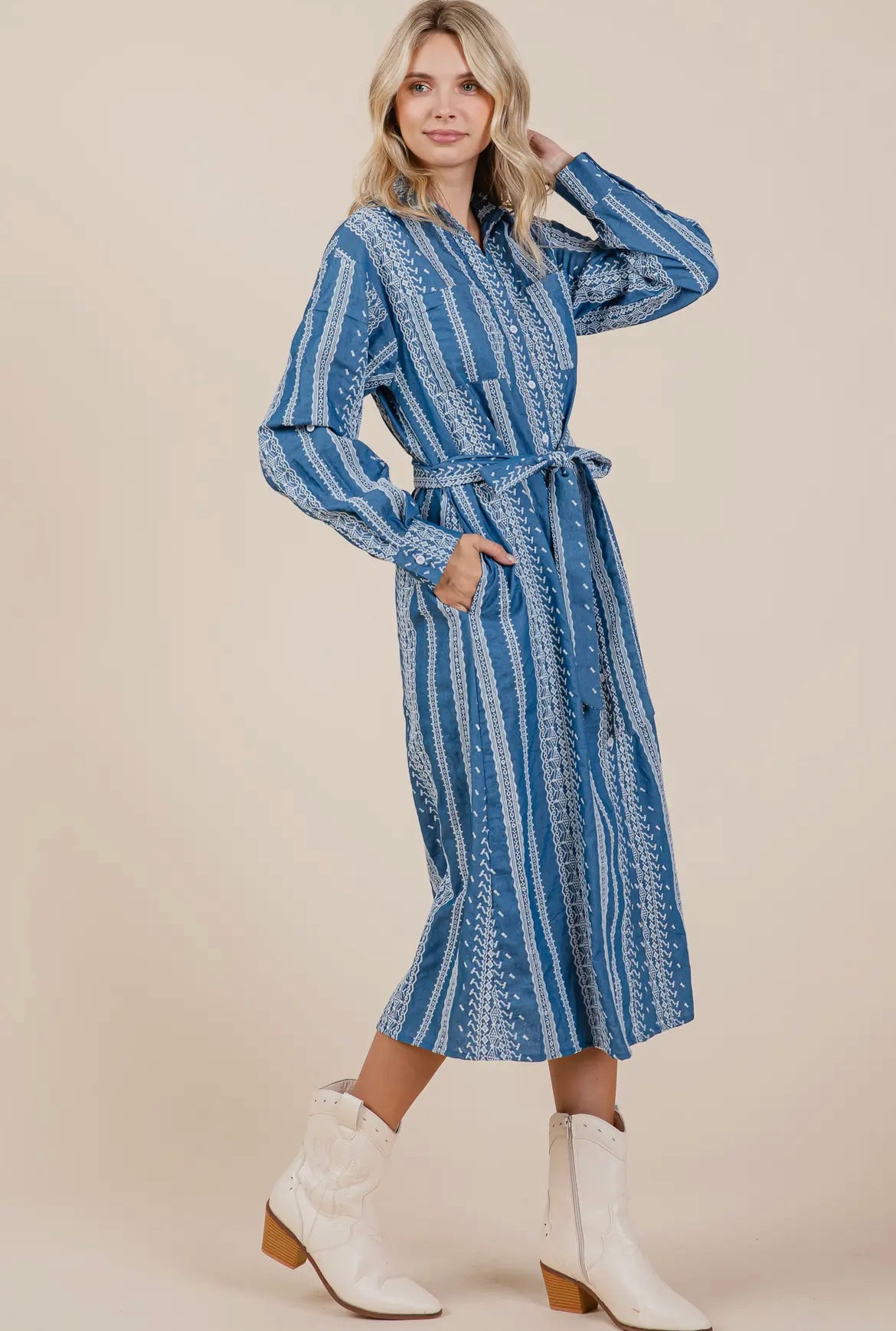 Denim Embroidered Midi Shirt Dress