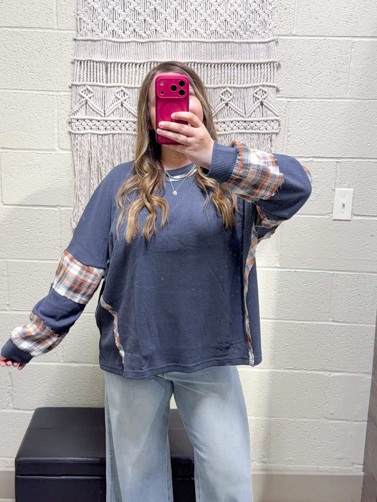 Charcoal + Plaid Thermal Knit Top