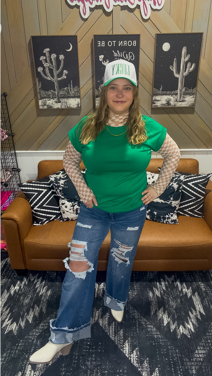 Taupe Checkered Mesh Long Sleeve Top
