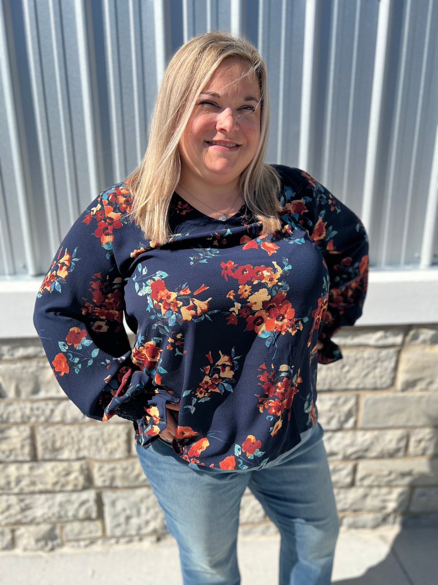 Navy Floral Long Sleeve Blouse