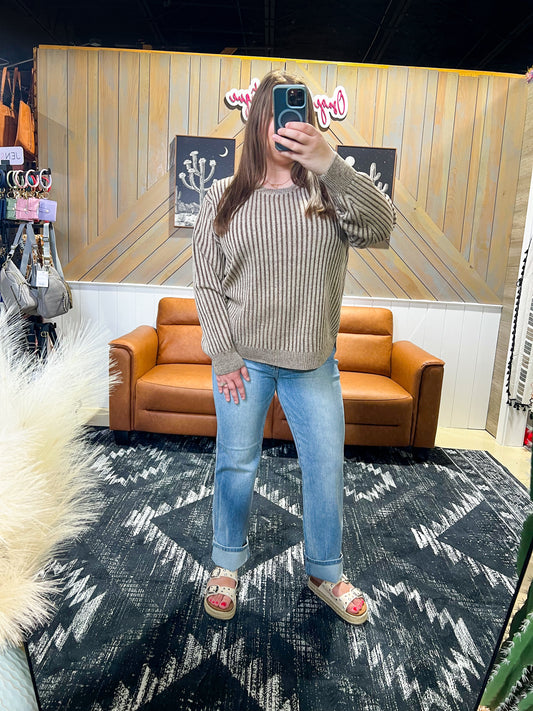 Brown Curved Hem Two-Tone Sweater