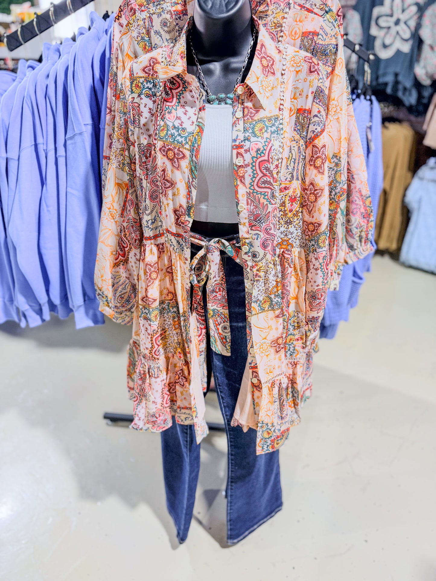 Pretty Paisley Long Sleeve Button Down Shirt Dress