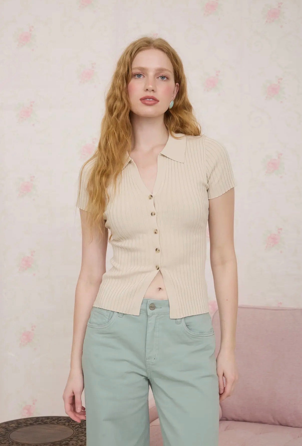 Light Khaki Ribbed Collared Short Sleeve Top