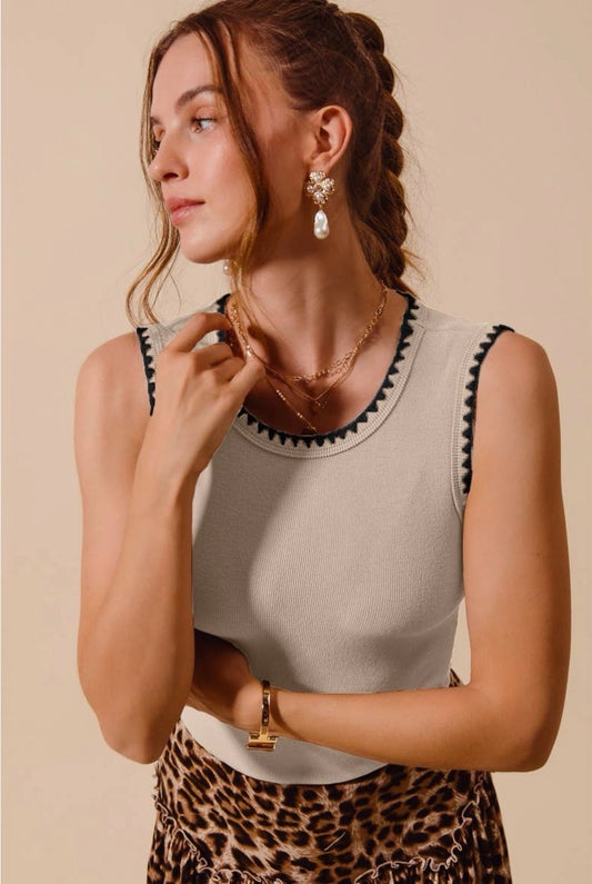 Oatmeal Embroidered Edge Sleeveless Ribbed Top
