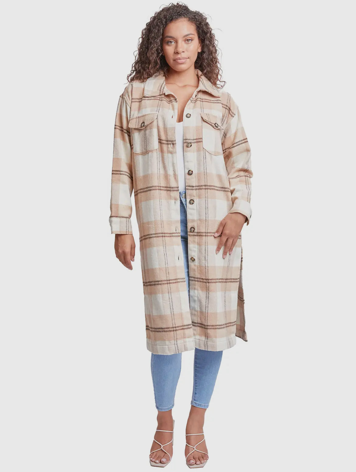 Tan Plaid Long Shacket