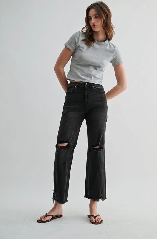 Taylor Black Super High Distressed Frayed Hem Jeans