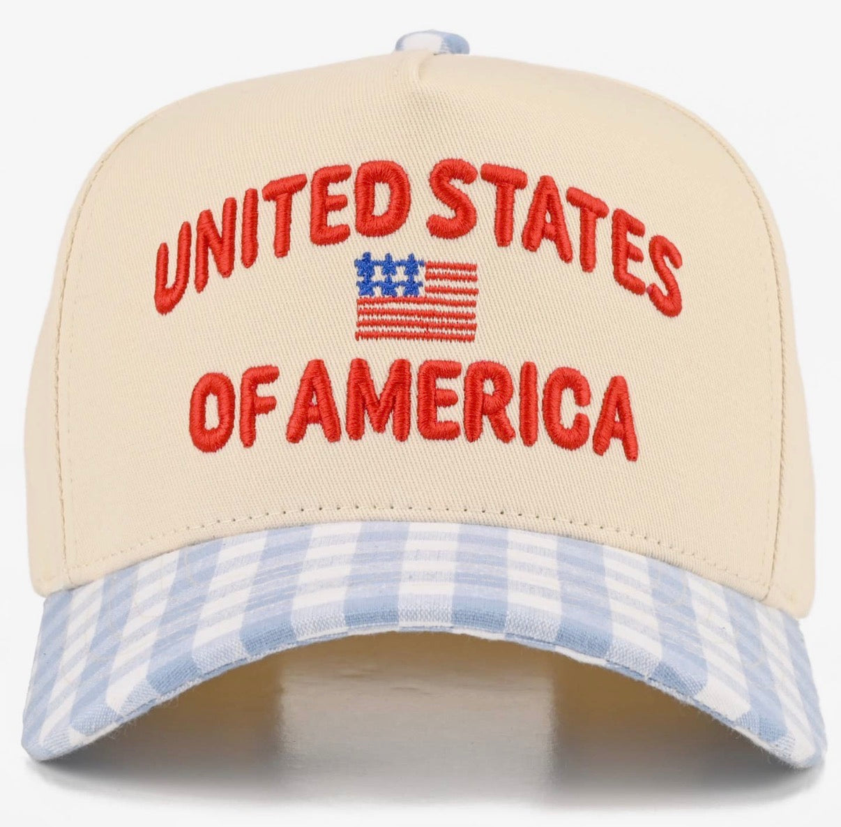 USA Flag Blue Gingham Embroidered Trucker Hat