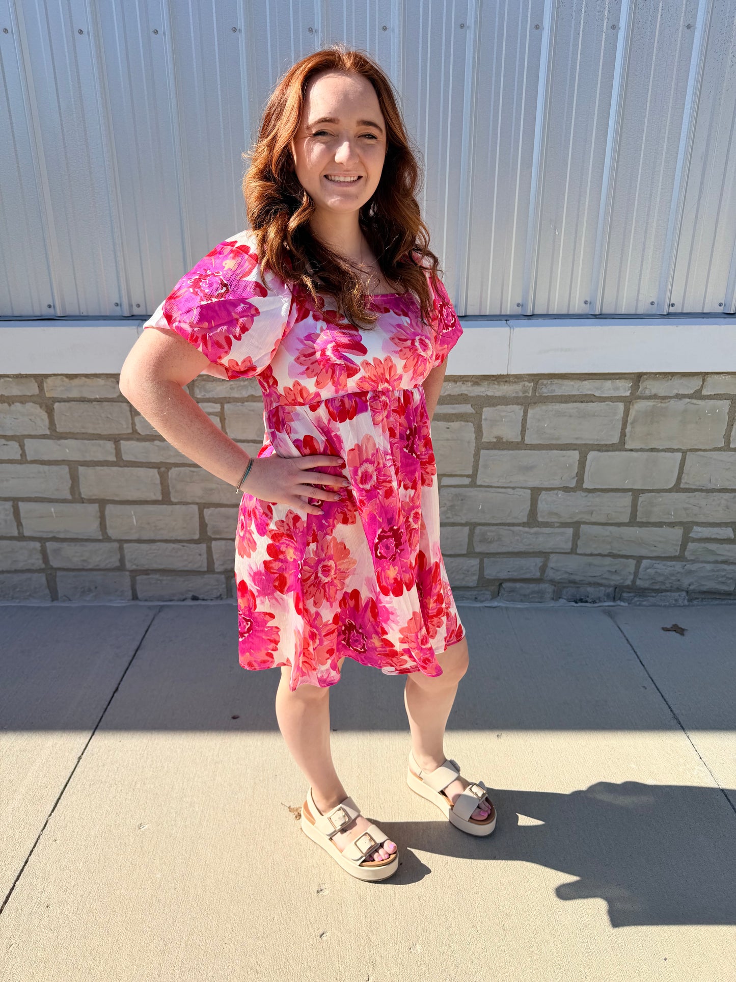 Magenta Satin Floral Square Neck Dress