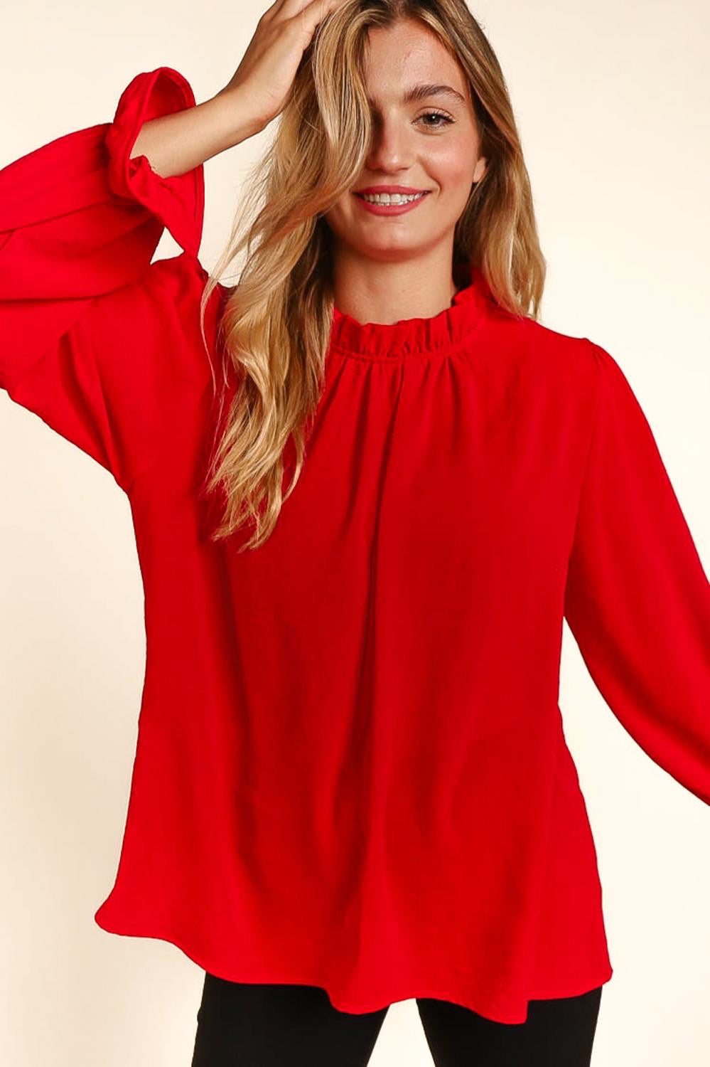 Red Mock Neck Long Sleeve Blouse