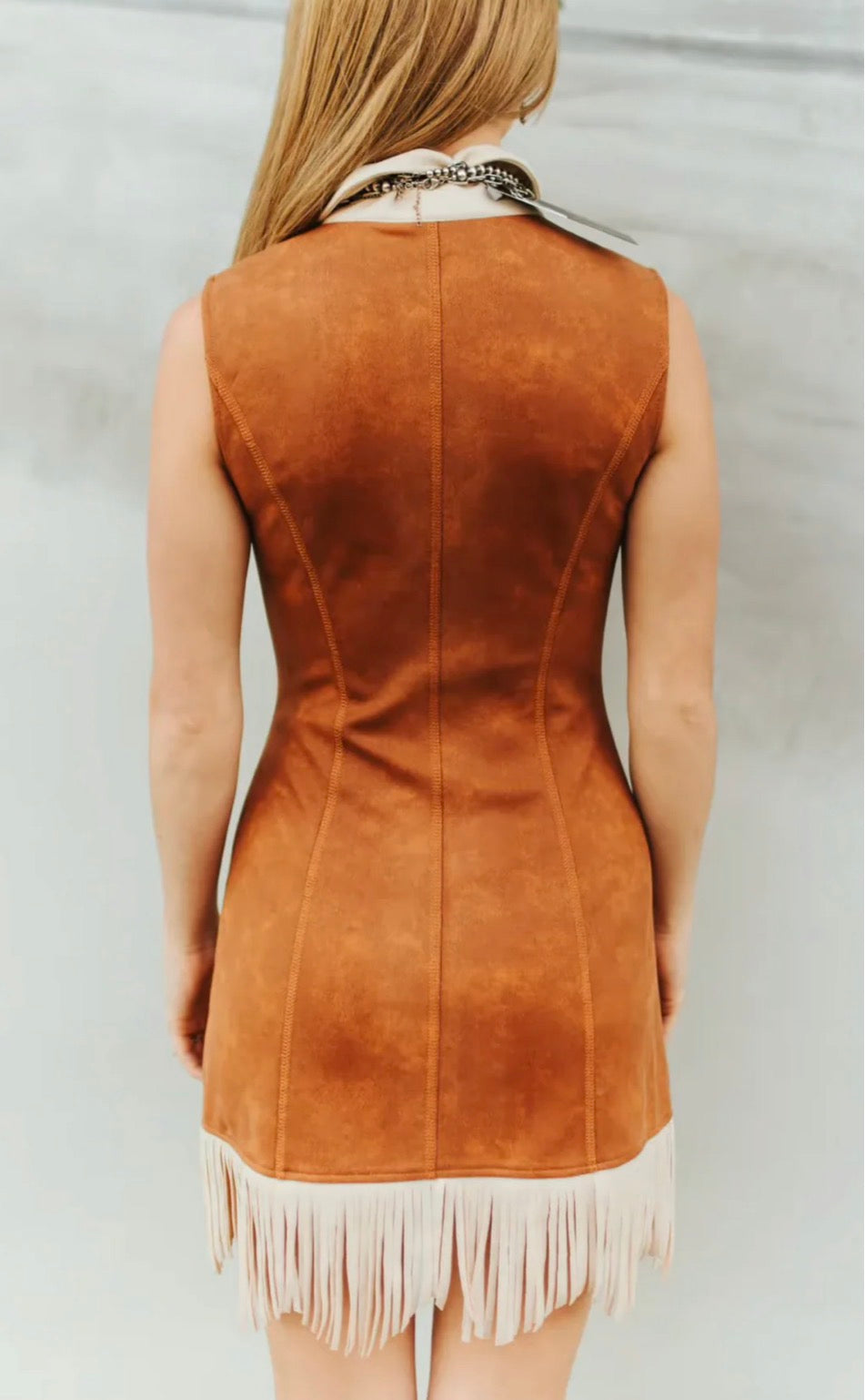 Cognac Suede Sleeveless Fringe Dress