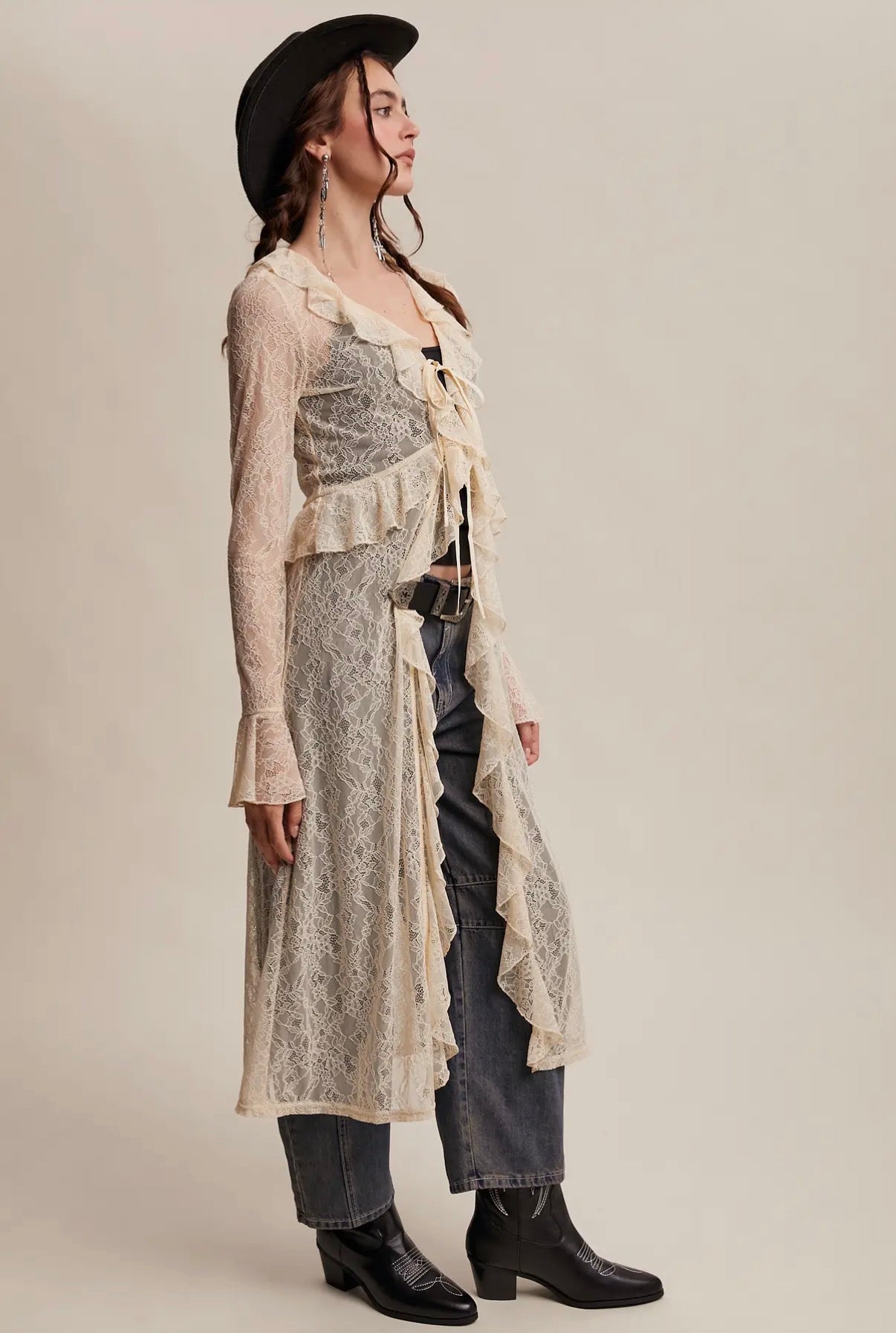 Ecru Sheer Lace Ruffle Duster