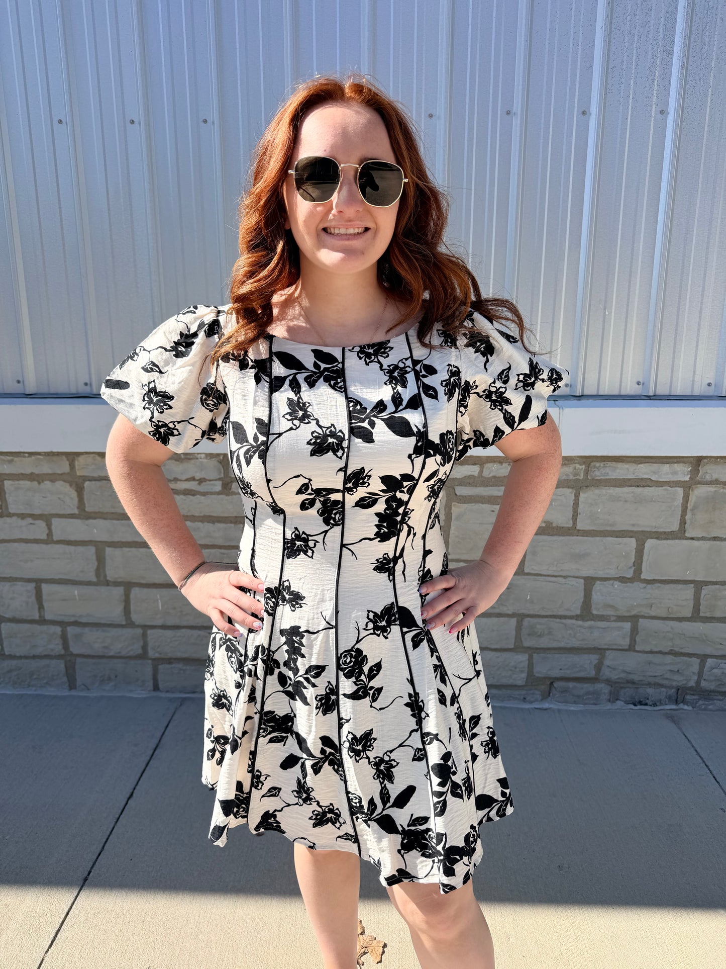 Ivory & Black Floral Fit & Flare Dress