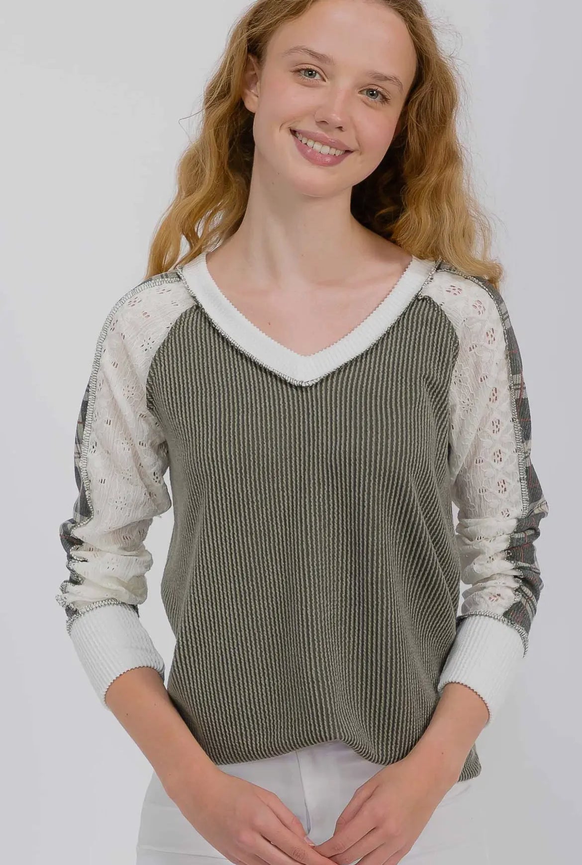 Olive + Plaid Ribbed Colorblock Long Sleeve Top