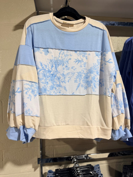 Light Blue Floral Color Block Long Sleeve Top