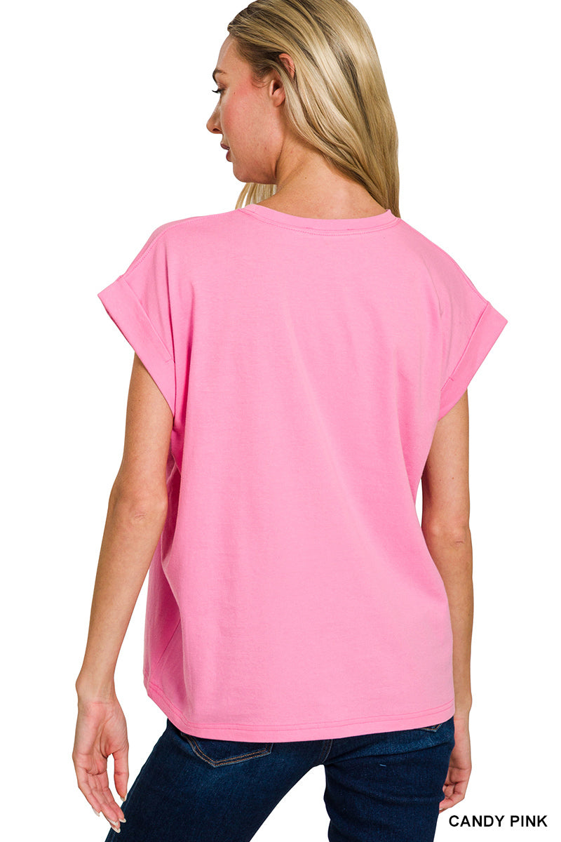Candy Pink Cotton Rolled Sleeve Top