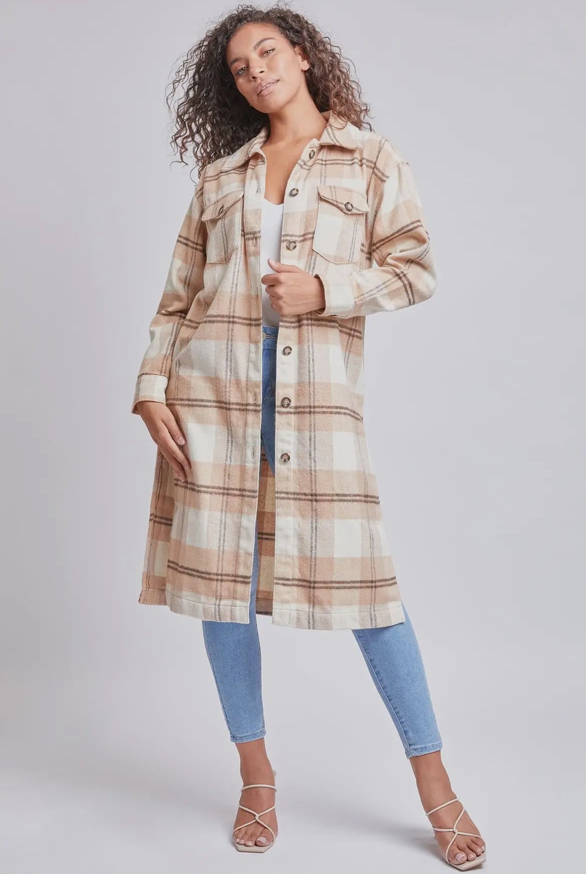 Tan Plaid Long Shacket