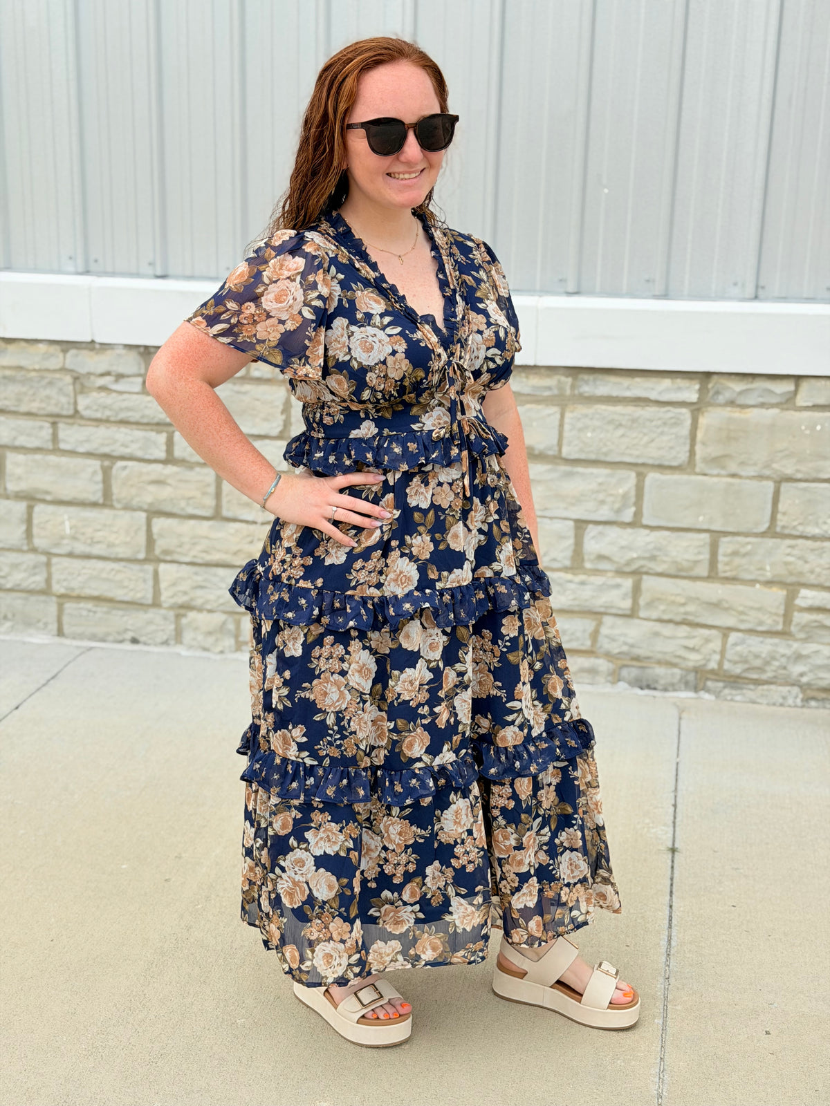Navy Floral Tiered Midi Dress