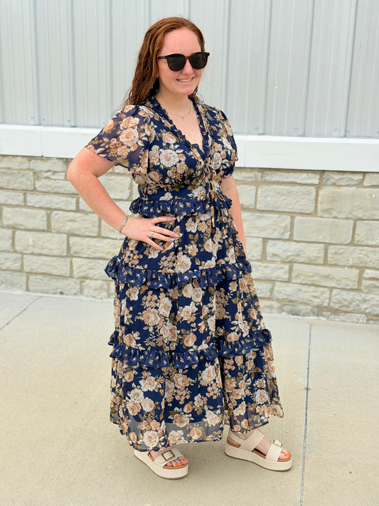 Navy Floral Tiered Midi Dress