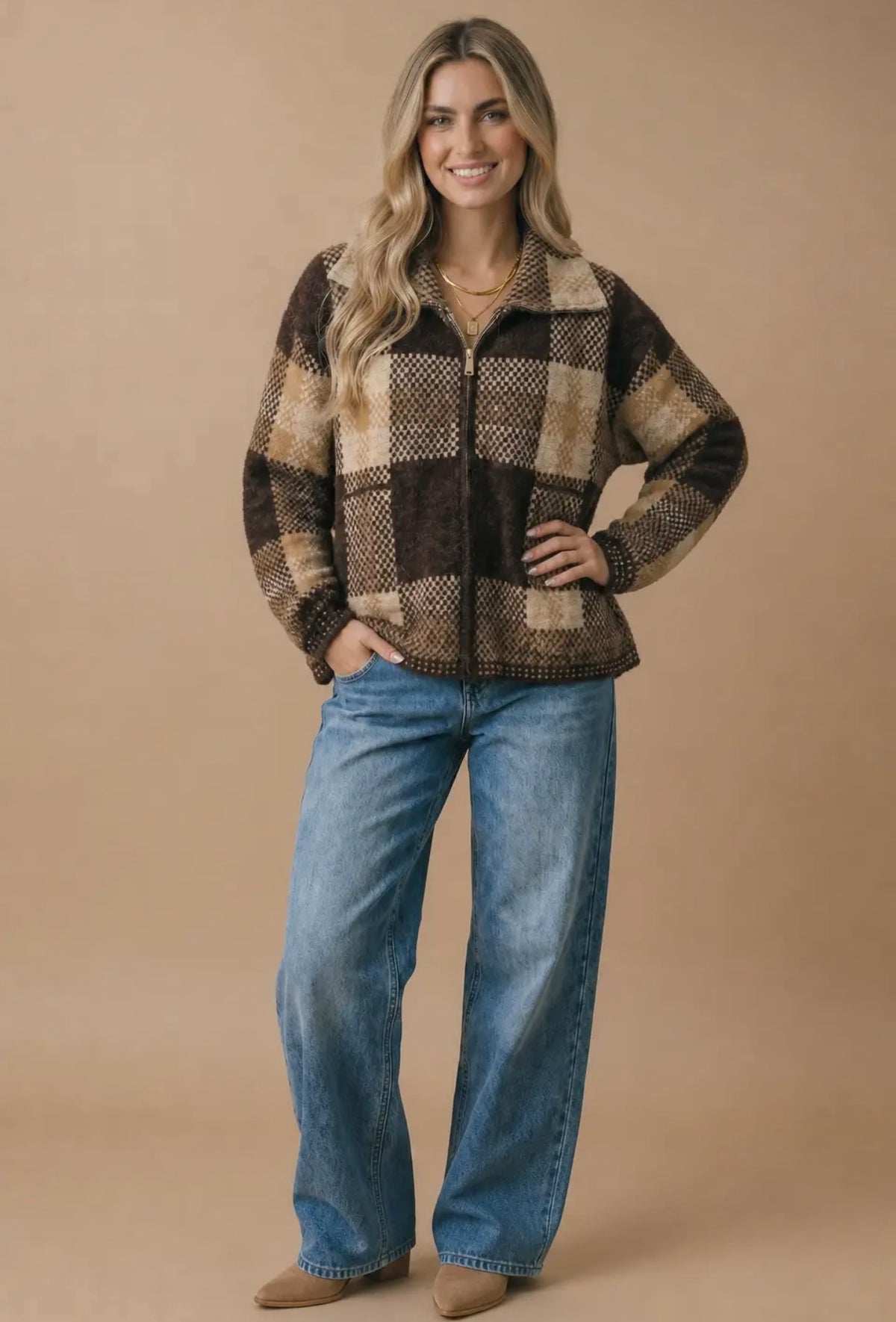 Brown Plaid Zip Front Jacket