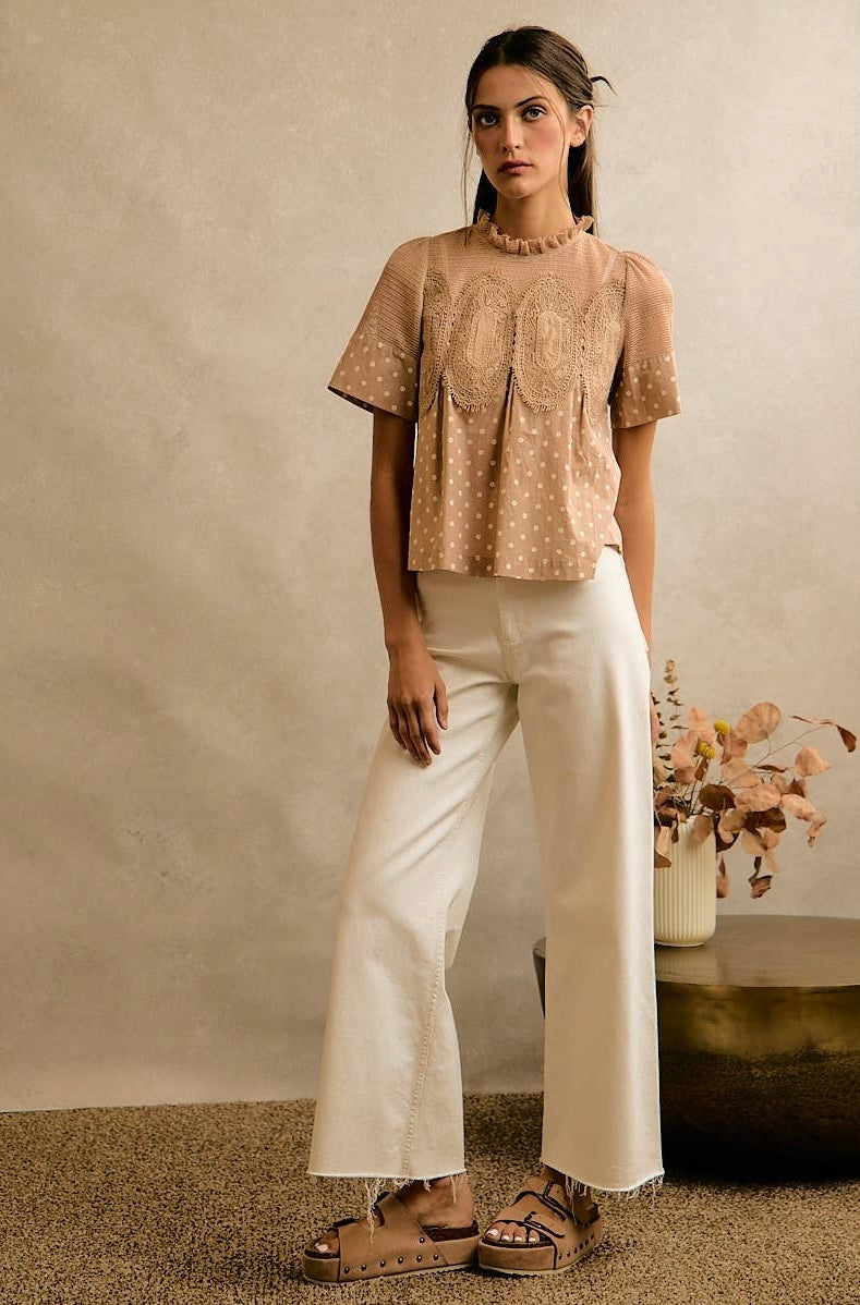 Beige Polka Dot Lace Trim Top