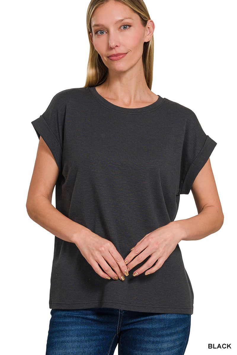 Black Cotton Modal Rolled Sleeve Top