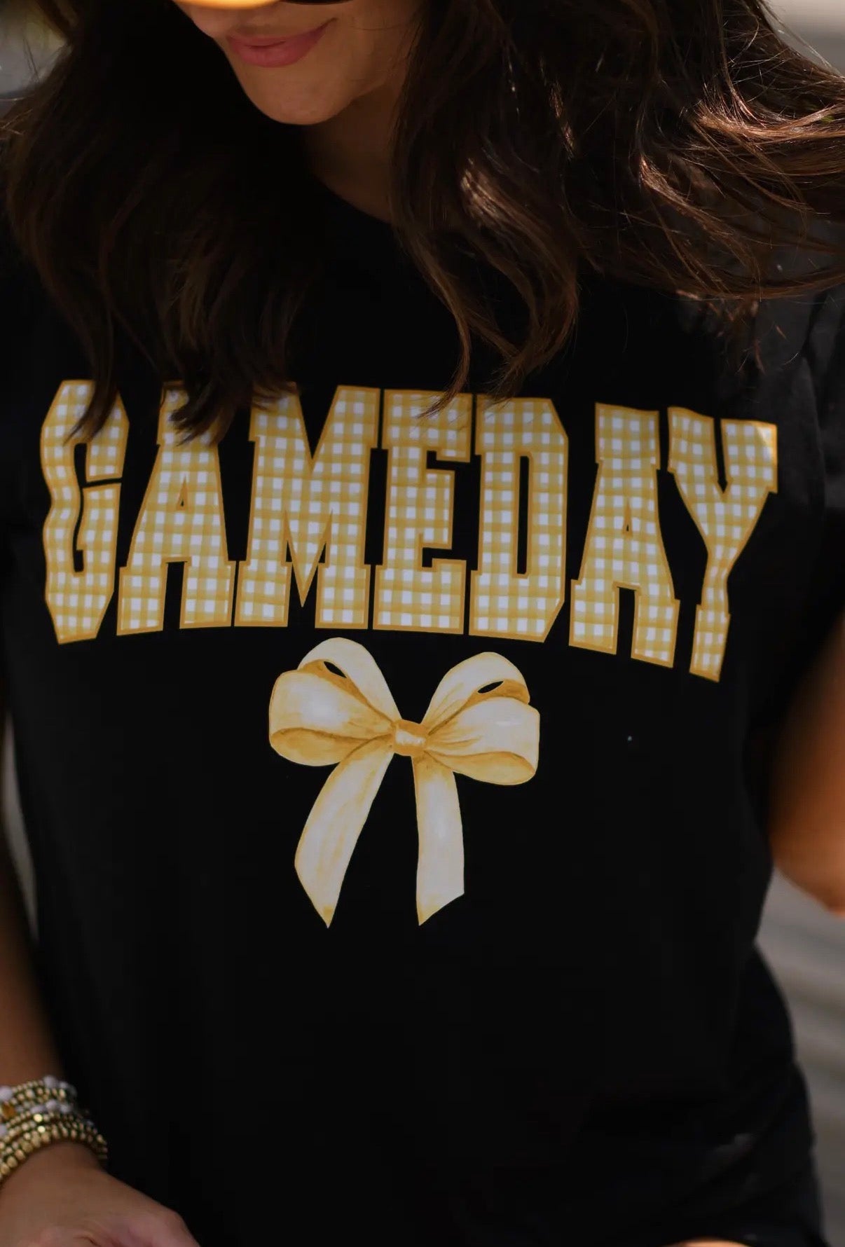 Gold Game Day Gingham Bow Tee