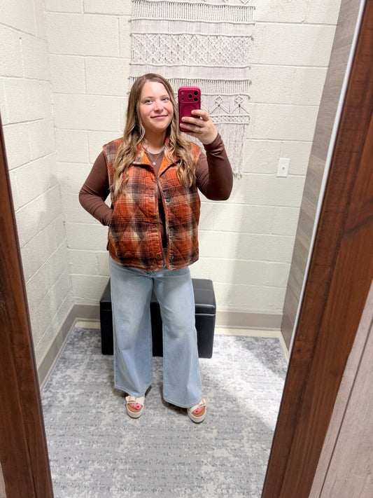 Rust Plaid Quilted Snap Button Vest