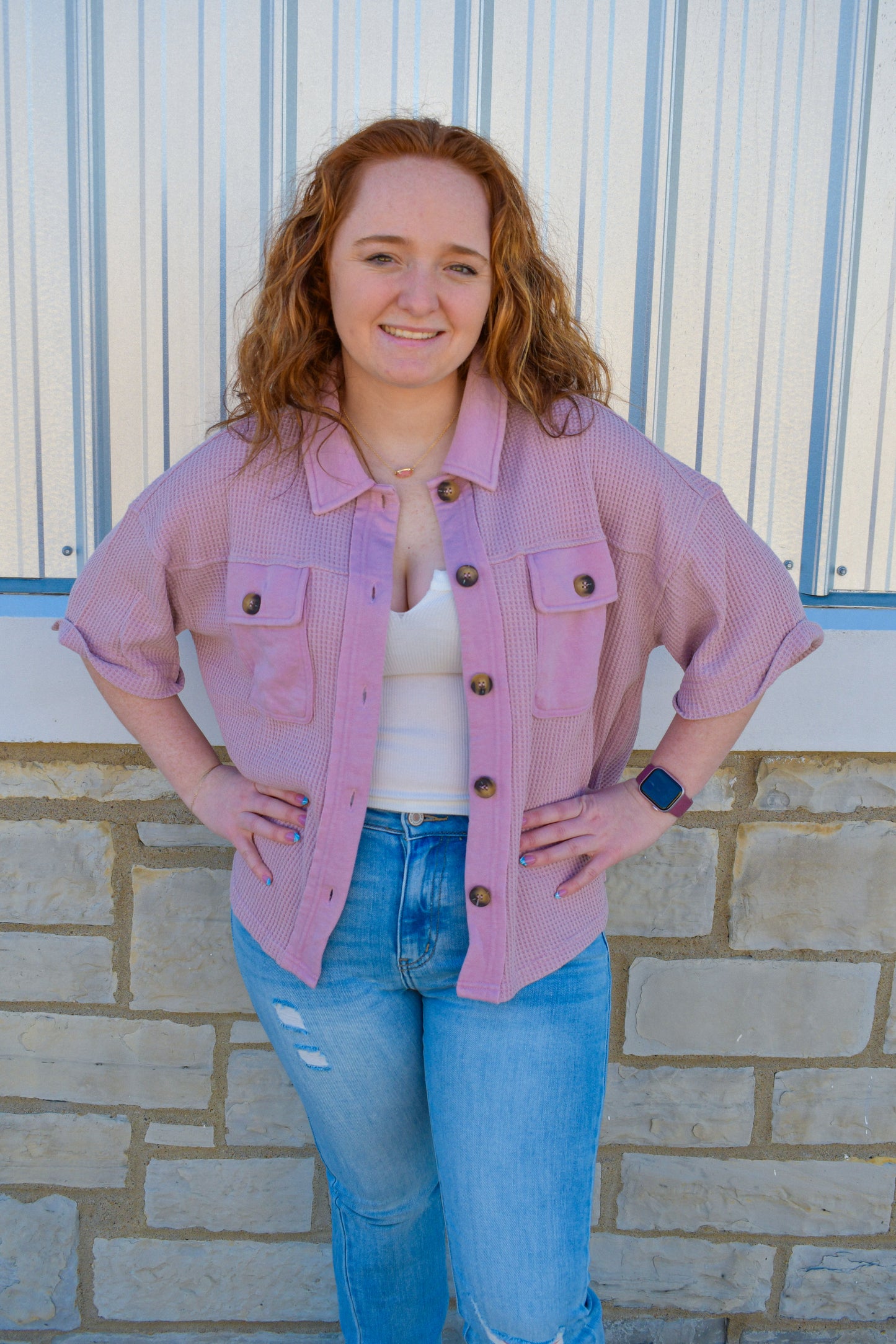 Lavender Waffle Knit Button Down Top