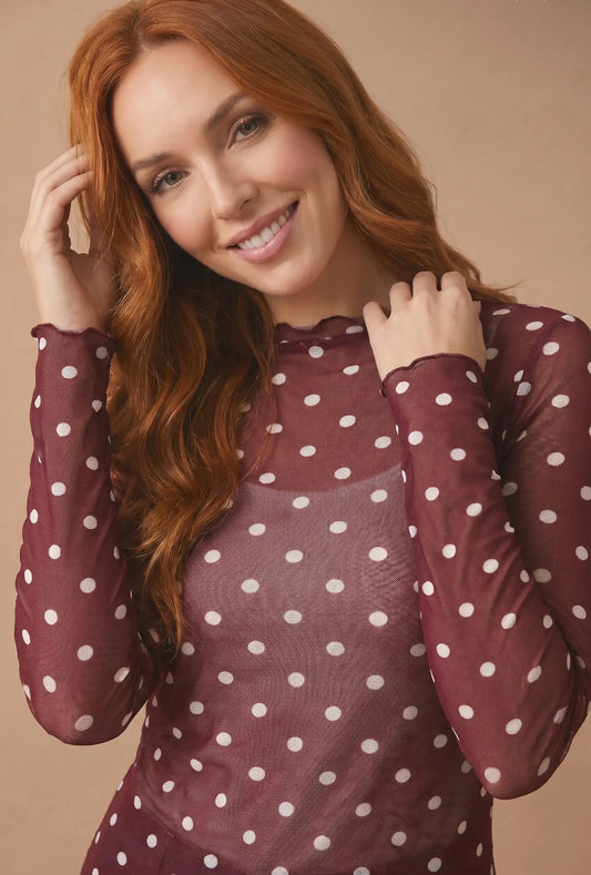 Maroon Polka Dot Mesh Long Sleeve