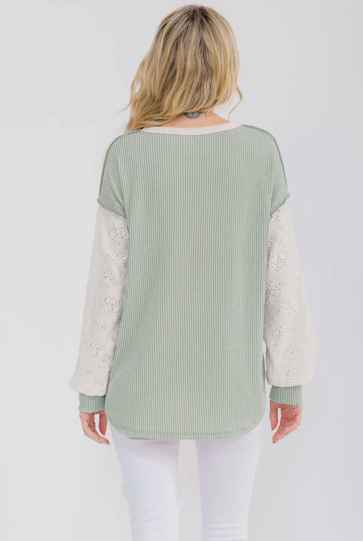 Sage Ribbed Lace Detail Long Sleeve Top