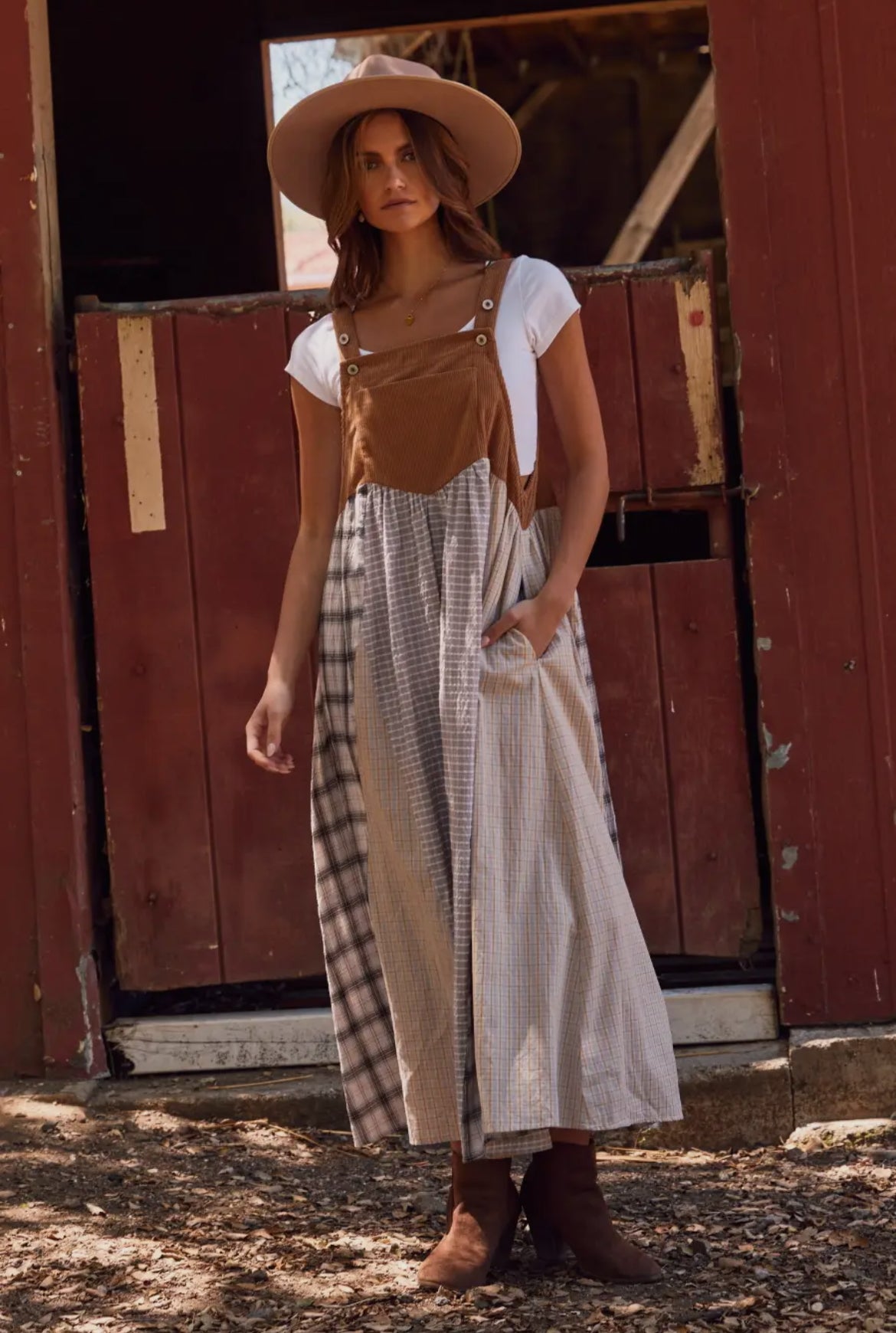Corduroy Patchwork Plaid Overall Dress