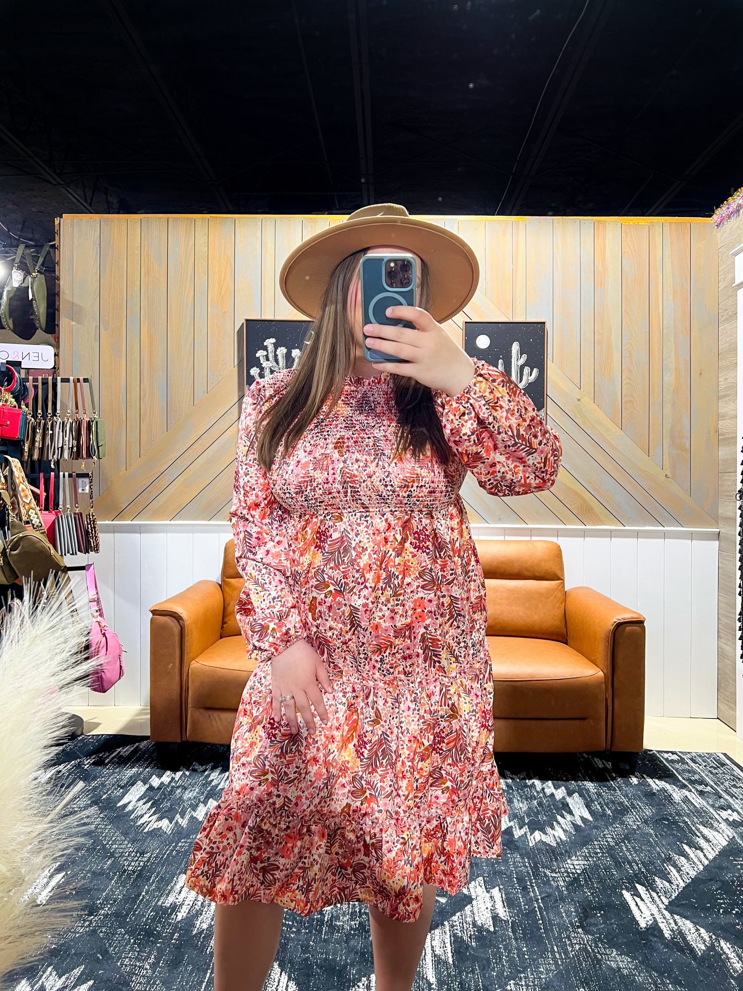 Marsala Satin Floral Smocked Midi Dress