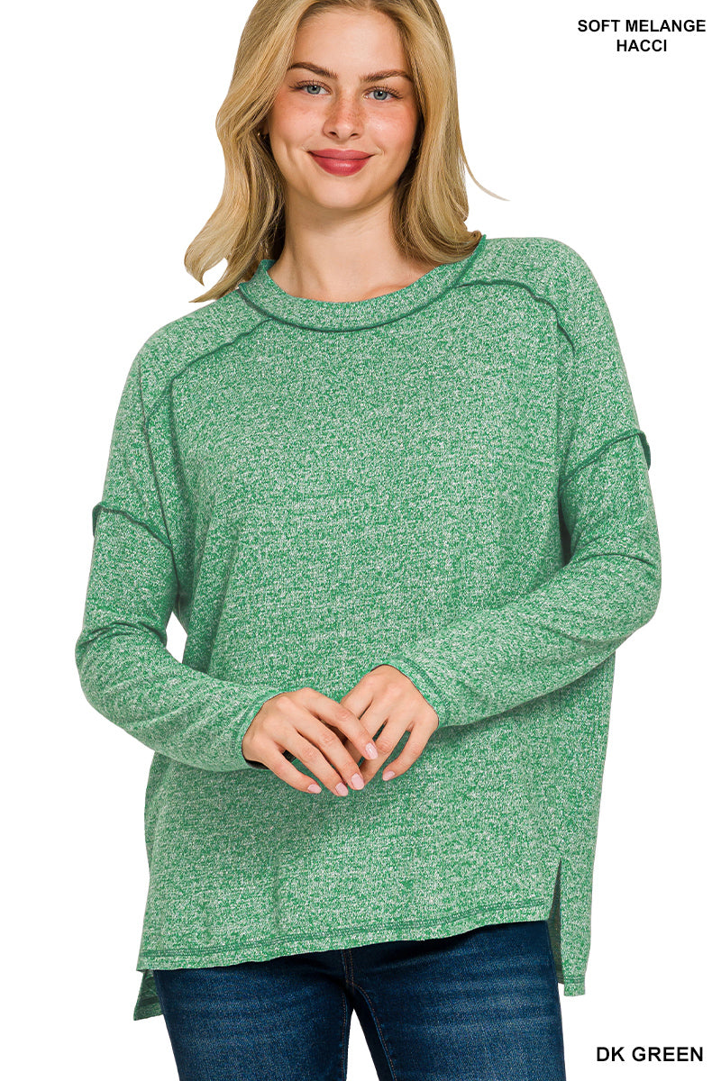 Green Melange Hacci Exposed Seam Top