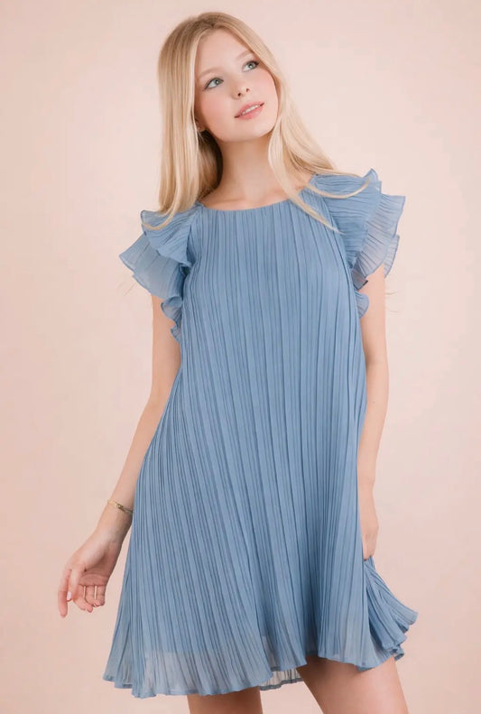 Blue Pleated Ruffle Sleeve Dress