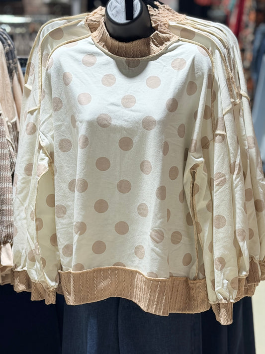 Ivory + Tan Polka Dot Long Sleeve Top