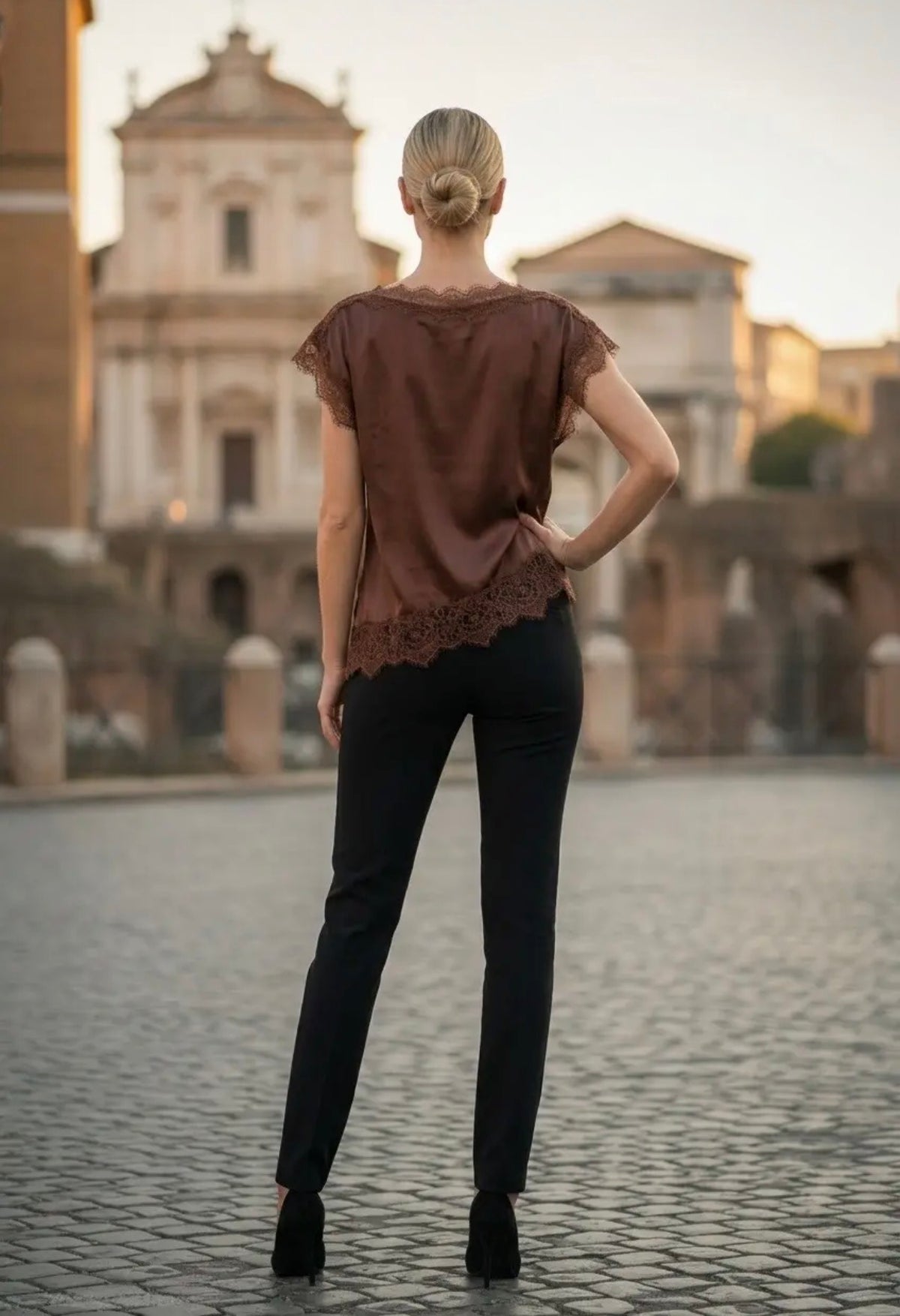 Brown Satin Lace Trim Asymmetric Top