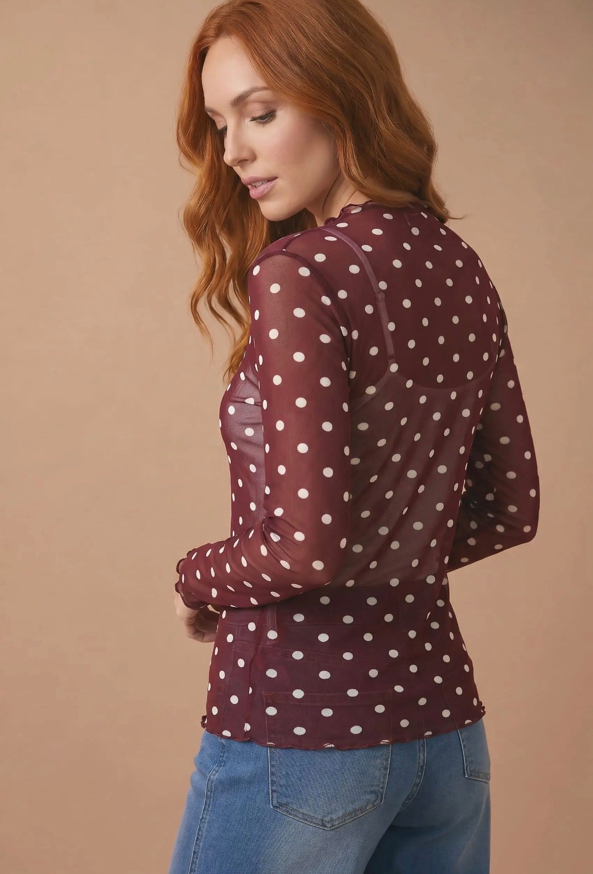 Maroon Polka Dot Mesh Long Sleeve