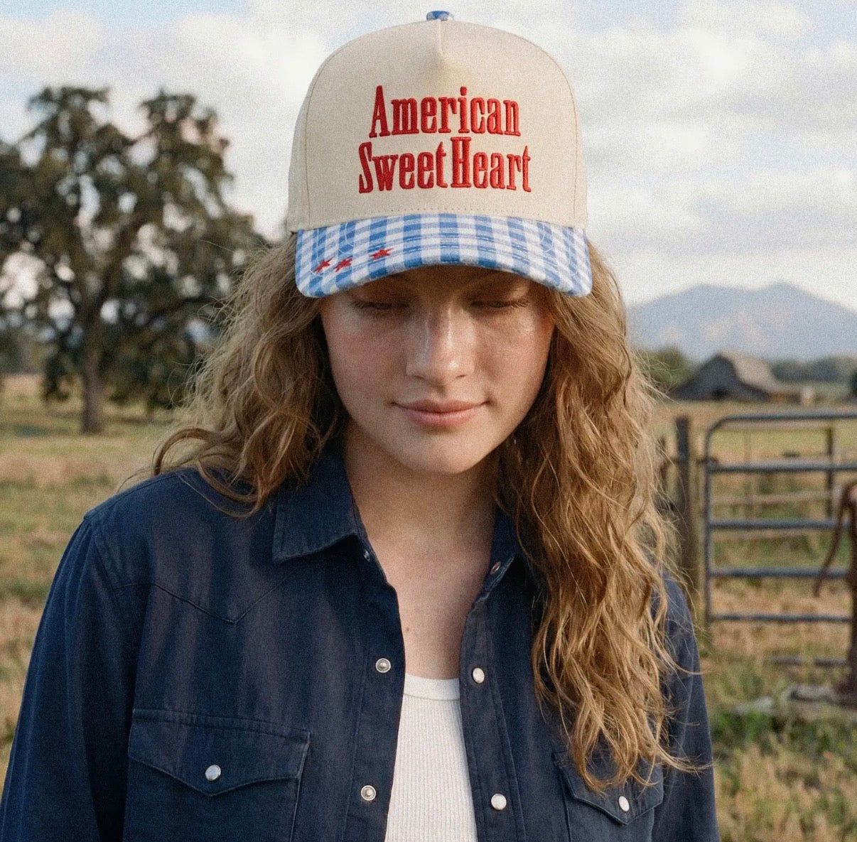 American Sweetheart Gingham Embroidered Trucker Hat