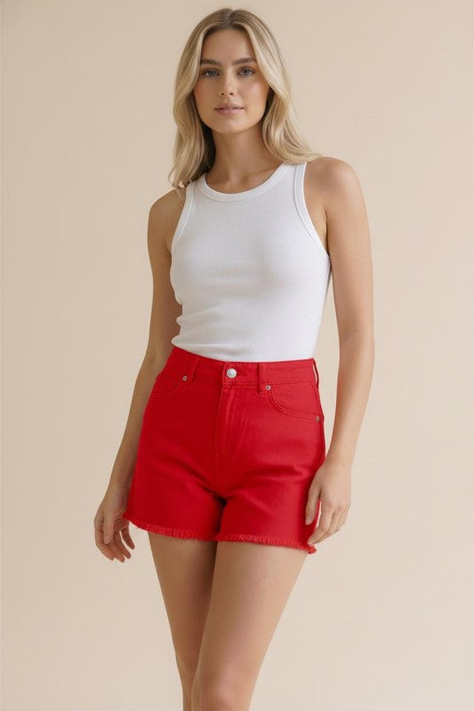 Red High Rise Frayed Hem Denim Shorts