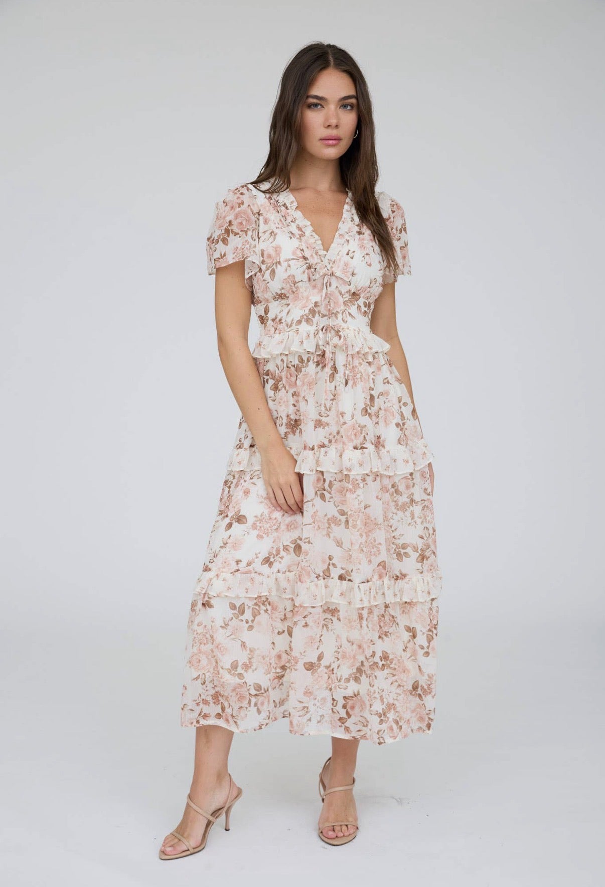 Ivory Floral Tiered Midi Dress