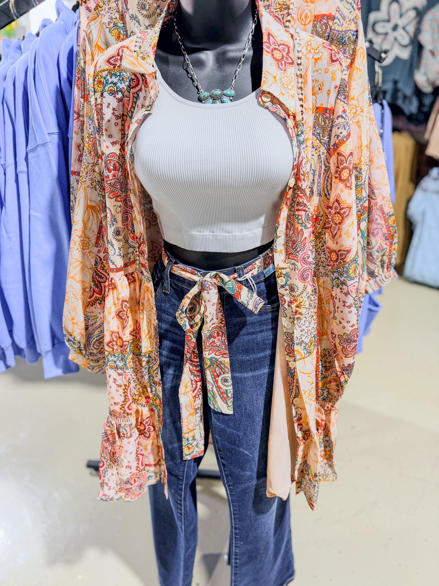 Pretty Paisley Long Sleeve Button Down Shirt Dress