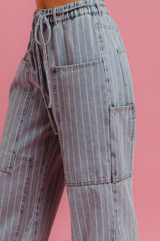 Vintage Striped Cargo Wide Leg Denim Pants