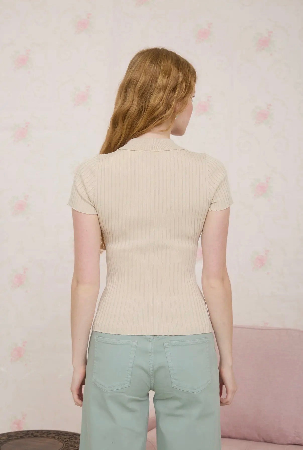 Light Khaki Ribbed Collared Short Sleeve Top