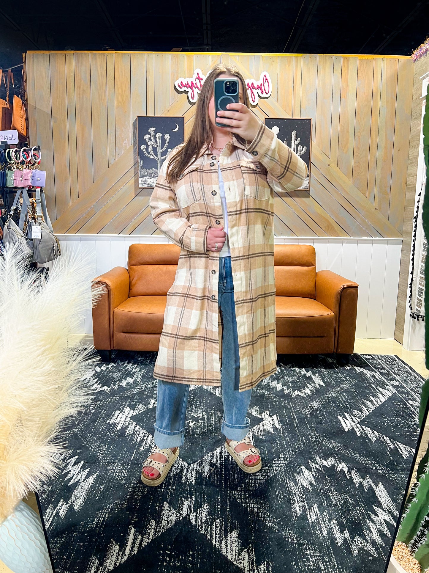 Tan Plaid Long Shacket